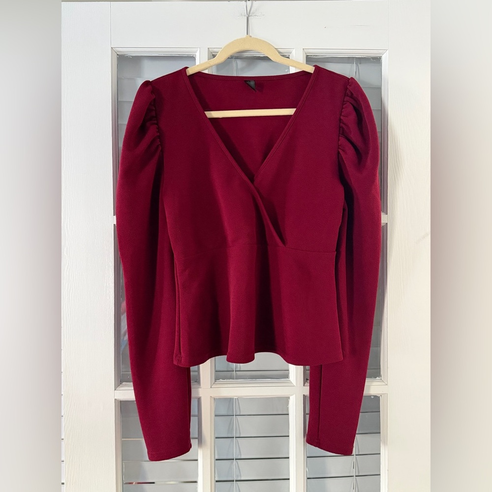 Shein Women’s XL‎ Burgundy Puff Sleeve Peplum Blouse | SKU 0270